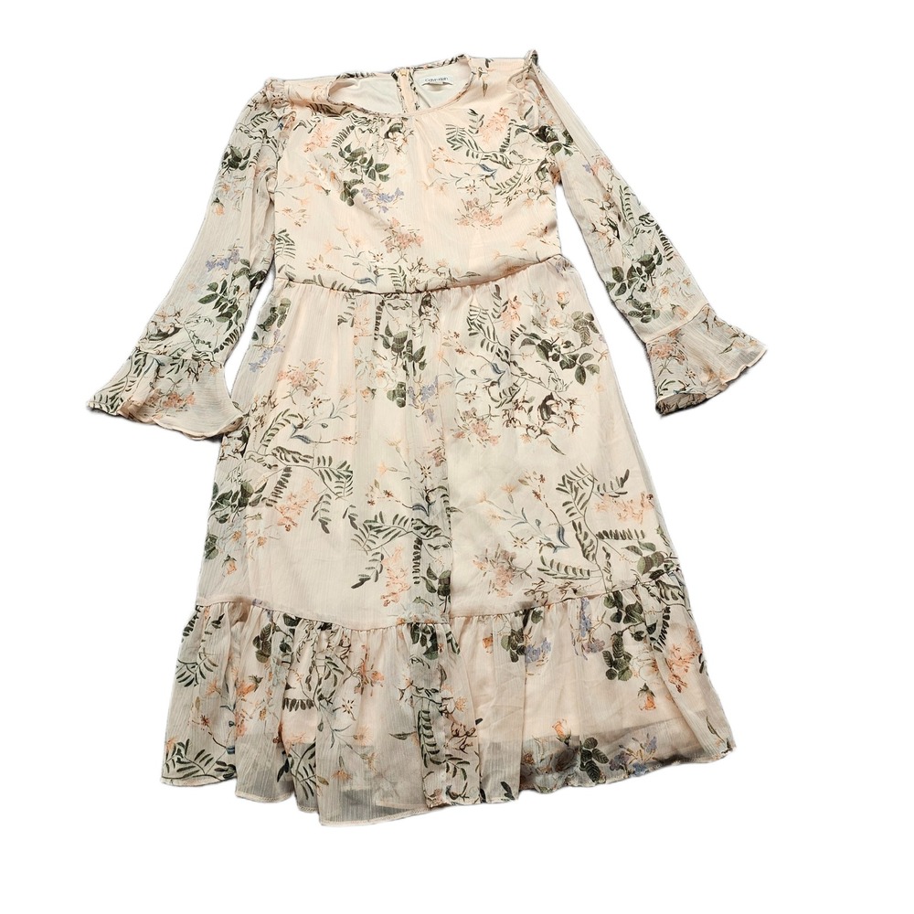 Calvin Klein Midi Dress Womens Size 4 Peach Floral Chiffon Ruffle Bell Sleeve